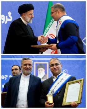 اهدا لوح و تندیس واحد تولیدی برتر در سطح ملی در سی چهارمین دوره جشنواره امتنان (وزارت کار و رفاه اجتماعی) توسط دکتر رئیسی رئیس جمهور مردمی  محترم به دکتر اسحق جمال امیدی مدیر عامل و نائب رئیس هیئت مدیره شرکت سیمان خزر بعنوان نخبه تولید